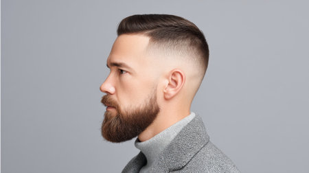 Modern side profile of a man with a stylish haircut and a well-groomed beard, showcasing a clean and elegant appearance in a minimalist studio setting.の素材