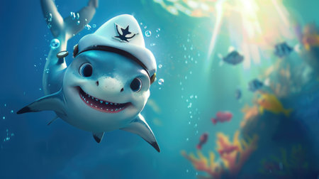 An adorable baby shark wearing a sailor hat, waving a fin cheerfully against a bright underwater backgroundの素材