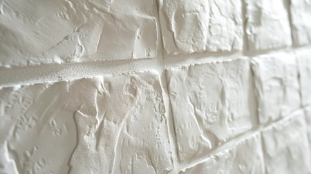 A close-up of white tiles featuring a light brick pattern, giving a textured and rustic appearanceの素材