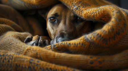 A gloomy canine rests under a blanket, nose buried, lost in thought.の素材