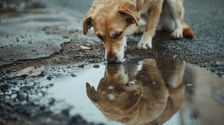 A sorrowful dog gazes at its reflection in a puddle, mirroring its sadness.の素材