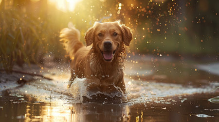 A cheerful dog splashes in a puddle, embracing the simple pleasures of playtime.の素材