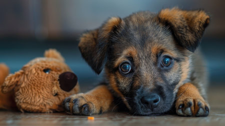 A disheartened pup sits with a toy, ears drooping, longing for play.の素材