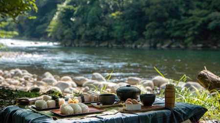 A scenic riverside setting with a picnic spread featuring onigiri, sushi, and Japanese snacksの素材