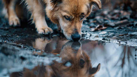 A sorrowful dog gazes at its reflection in a puddle, mirroring its sadness.の素材