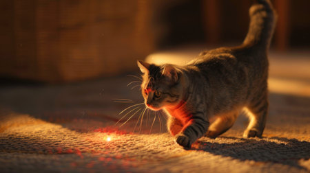 A playful cat chases a laser pointer's elusive red dot, tail swishing in anticipation.の素材
