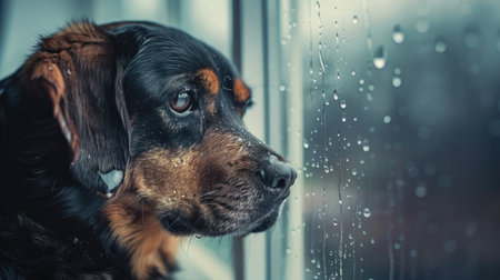 A sad dog stares out the window, raindrops mirroring its somber mood.の素材