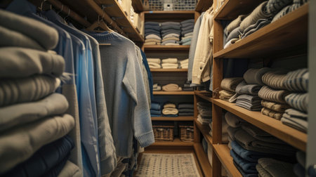 A pristine storage room with shelves of neatly folded sweaters and organized hanging space, exuding cleanliness.の素材