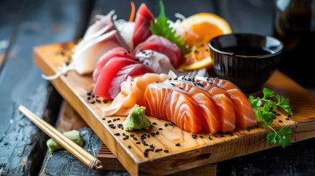 A beautiful arrangement of fresh sashimi on a wooden board with a small cup of sakeの素材