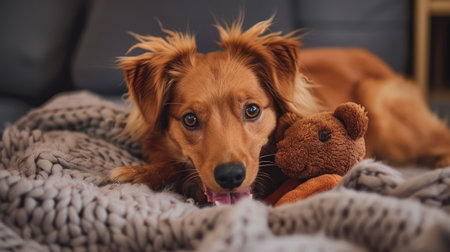 A contented pooch wrestles with a plush toy, tail wagging furiously in delight.の素材