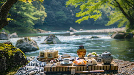 A scenic riverside setting with a picnic spread featuring onigiri, sushi, and Japanese snacksの素材