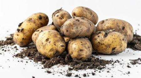 A group of fresh potatoes with dirt still clinging to their surfaces on a pristine white background.の素材