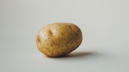 A single potato resting on a white background, showcasing its earthy texture and natural shape.の素材