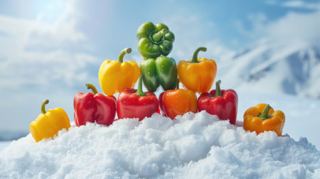 Brightly colored bell peppers arranged in a pyramid on a white mountain, highlighting their freshness and variety.の素材