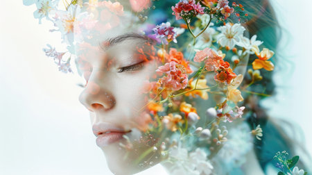 Close-up of a beautiful woman face with eyes closed, merged with multi-colored flowers on a white background. Double exposure portrait, showcasing beauty and tranquilityの素材