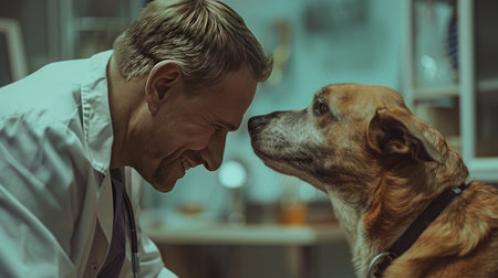 A loyal companion receives a tender examination from a caring vet.の素材