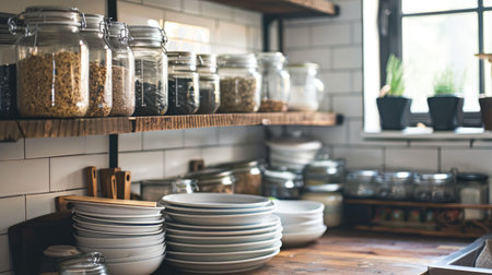 An organized kitchen with labeled jars and neatly stacked dishes, showcasing pristine cleanliness.の素材