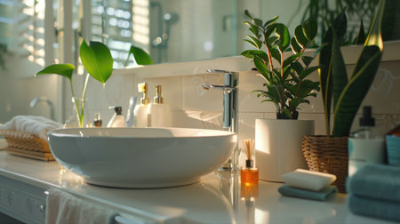 An elegant bathroom featuring a sparkling sink and neatly arranged toiletries, showcasing clean beauty.の素材