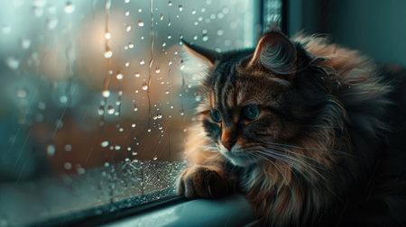 A melancholic cat perches on a windowsill, raindrops mirroring its somber mood.の素材