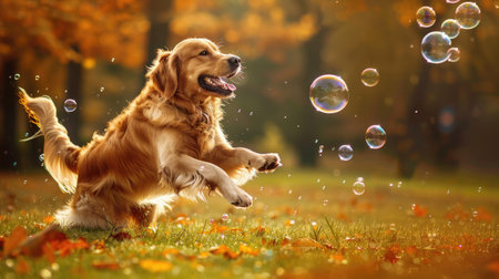 A delighted dog chases bubbles with reckless abandon, embodying pure canine bliss.の素材