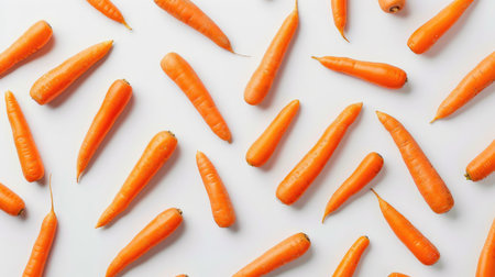 Bright orange carrots scattered across a white background, creating a vibrant and fresh visual contrast.の素材