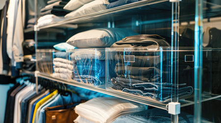 A stylish storage room with clear garment bags and neatly arranged accessories, reflecting perfect order.の素材