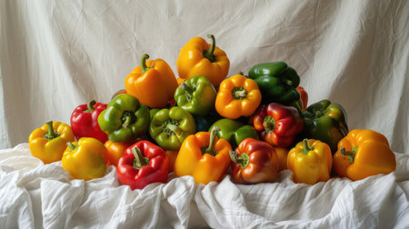 Brightly colored bell peppers arranged in a pyramid on a white mountain, highlighting their freshness and variety.の素材