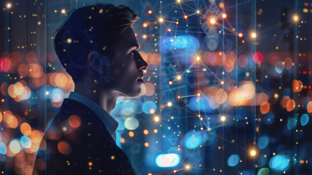 Side view of a young businessman with a social network overlay on a night city background, symbolizing communication and connectivity.の素材