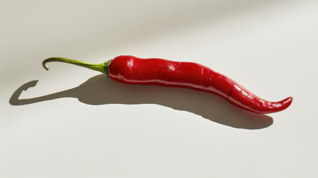 One red chili pepper lying horizontally on a white background, casting a subtle shadow.の素材