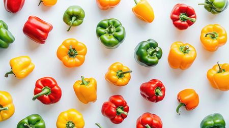 Various colored bell peppers scattered on a white mountain, highlighting their bright hues.の素材