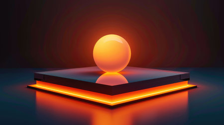 Square podium featuring frosted glass floor, orange neon lights, and glow ball on a dark background. Vector illustration for product display.の素材