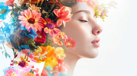 Beautiful woman with eyes closed, combined with vibrant flowers on a white background. Double exposure portrait, emphasizing natural beauty.の素材