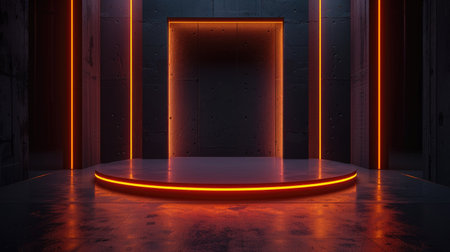 Dark sci-fi stage with neon orange glowing podium, ideal for product showcase mock-ups in a modern showroom. 3D rendering.の素材