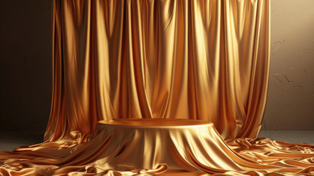 A sophisticated display setting with a gold fabric podium draped in silk cloth on a luxurious stage, ideal for showcasing premium products.の素材
