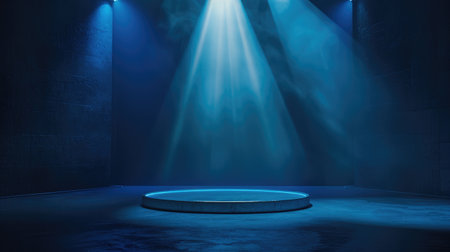 Blue dramatic lighting highlights an empty podium, creating a powerful scene for product presentations.の素材