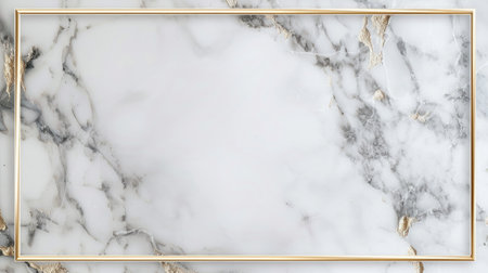 Stylish white marble backdrop with a sleek gold frame, large blank space in the middle for inserting text or designs, great for professional slidesの素材