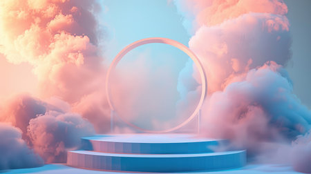 Dreamy cloud background podium with soft pastel colors, creating an abstract stage for product displays. Light and minimalistic design with a touch of elegance.の素材