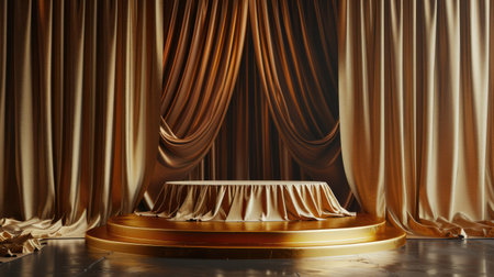 A sophisticated stage setting with a gold fabric podium, elegantly draped with silk cloth, perfect for showcasing premium products.の素材