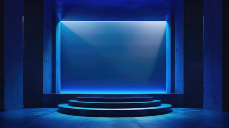 Blue dramatic lighting strikes on an empty podium, creating a bold and captivating scene for product presentations.の素材