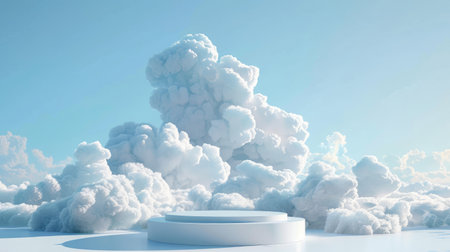 Abstract cloud background podium in light blue sky, offering a dreamy scene for product showcases. Minimalistic design with geometric elements.の素材