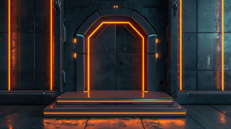 Dark sci-fi futuristic cyber stage podium with neon orange glowing accents, perfect for modern showroom product showcases. 3D rendering mock-up template.の素材