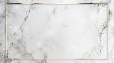 Stylish white marble backdrop with a sleek gold frame, large blank space in the middle for inserting text or designs, great for professional slidesの素材
