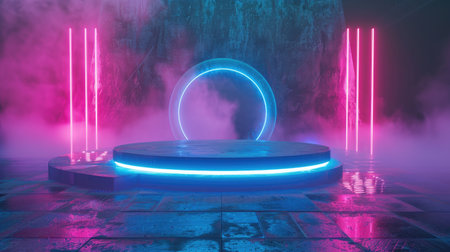 Cyberpunk sci-fi product podium showcase in an empty room with blue and pink background. 3D rendering for technology and entertainment concepts.の素材