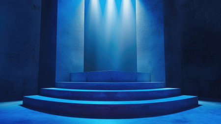 Blue dramatic lighting accentuates an empty podium, perfect for presenting products with a powerful visual impact.の素材