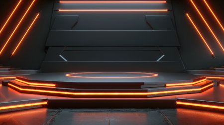 Dark sci-fi futuristic cyber stage podium with neon orange glowing accents, perfect for modern showroom product showcases. 3D rendering mock-up template.の素材