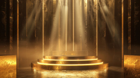 Elegant podium bathed in gold light beams, creating a luxurious environment for premium luxury item showcases.の素材