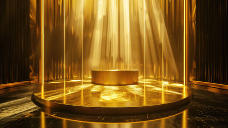Elegant podium bathed in gold light beams, creating a luxurious environment for premium luxury item showcases.の素材