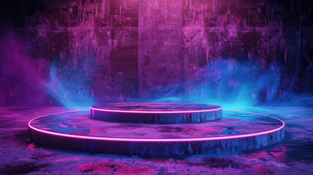 Futuristic sci-fi podium with vibrant neon purple and blue laser lines on a grunge asphalt floor. Realistic 3D rendering.の素材
