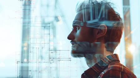 Male construction engineer's side profile with architectural blueprints transparently overlaying, illustrating his involvement in construction planning.の素材