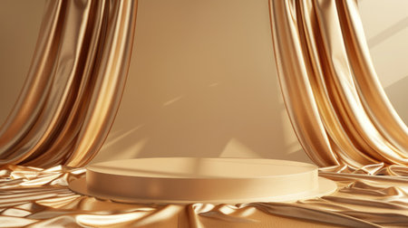 Luxurious stage featuring a gold fabric podium adorned with silk cloth, creating an abstract and elegant display for premium products.の素材